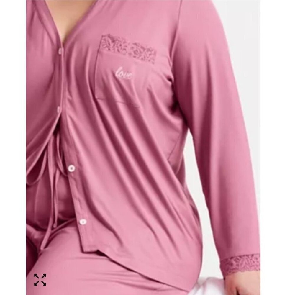 State of Day Macy’s Pink Lace Trim Collared Pajama Set 2PC Button Top Pants M - Picture 4 of 7